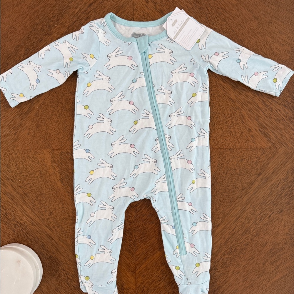 NWT Mud Pie Easter Blue Bunny Print Baby Footie onesie